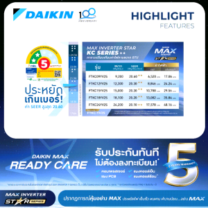 Daikin MAX INVERTER (STAR KC SERIES) FTKC-Y 9000-24000 BTU